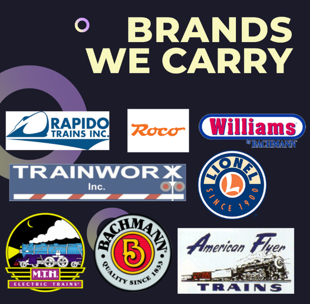 A poster displaying the train model brands we carry.