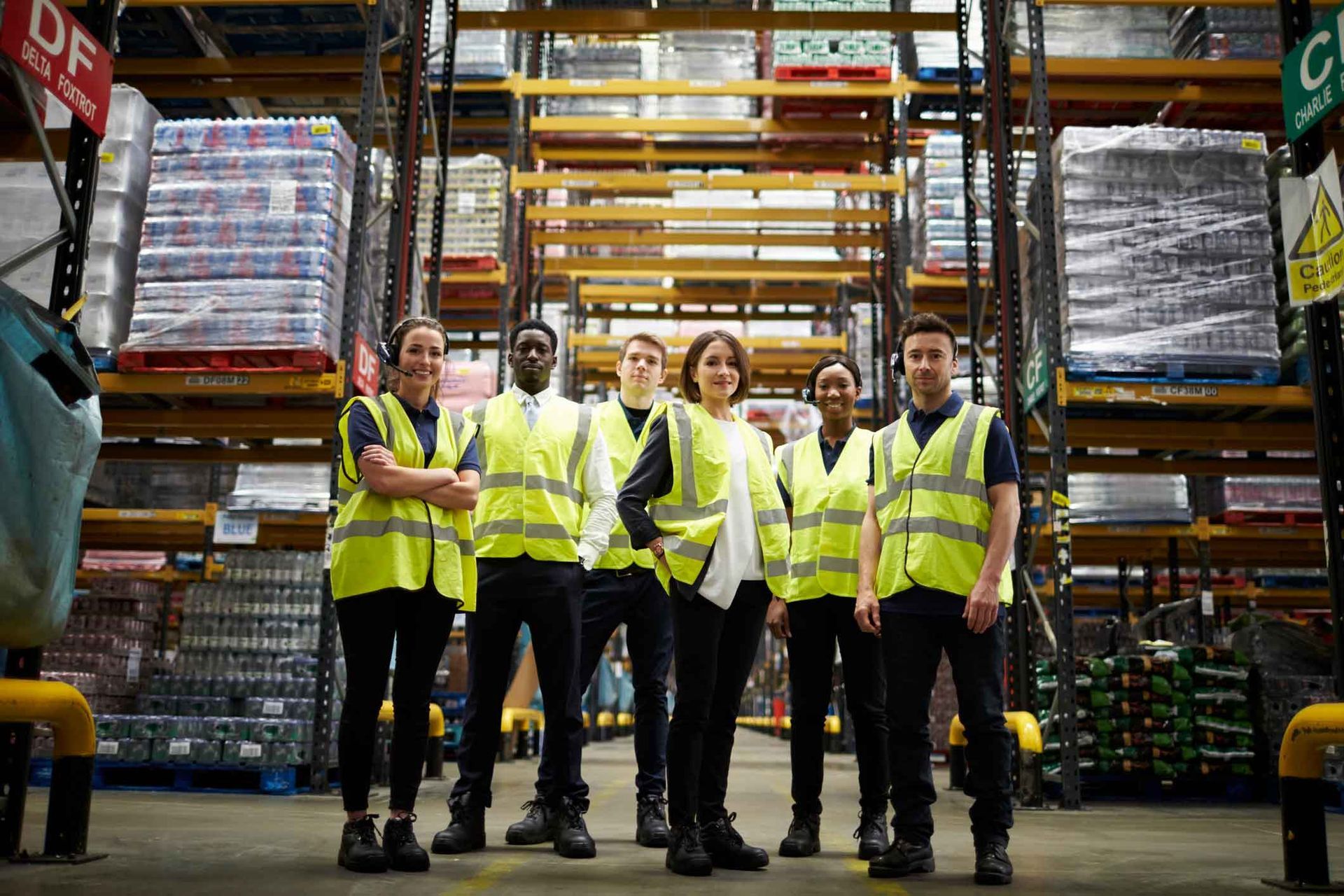 A group of workers are posing for a picture in a warehouse.