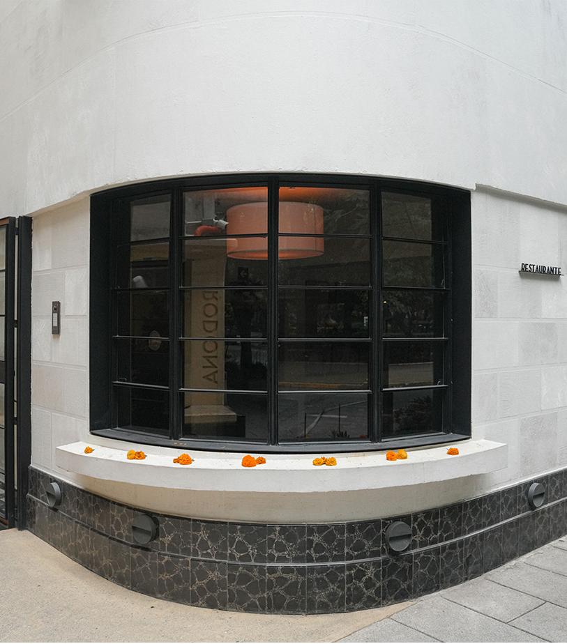 Esquina de un edificio blanco con una ventana curva con marco negro. Flores naranjas descansan en el alféizar.