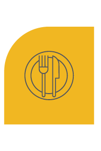 Tenedor y cuchillo en un plato dentro de un rectángulo redondeado amarillo.