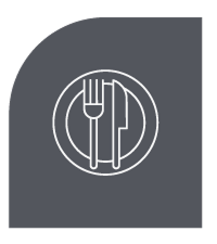 Dibujo lineal blanco de un tenedor, un cuchillo y un plato sobre un fondo gris oscuro.