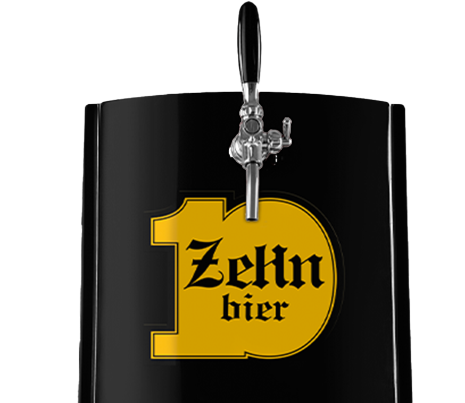 Um barril preto com uma torneira de cerveja presa a ele.