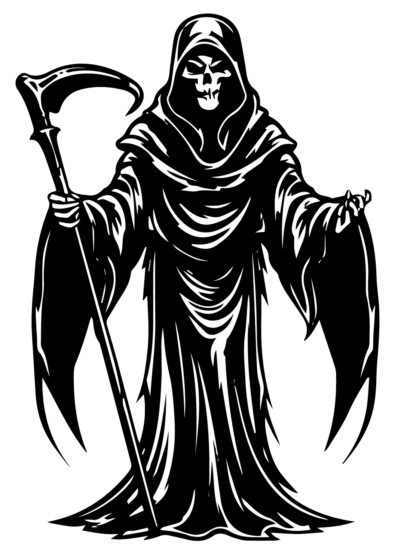 A black and white drawing of a grim reaper holding a scythe.
