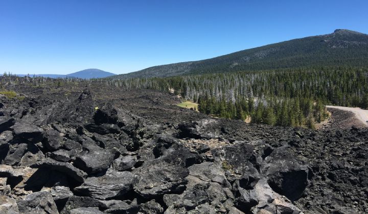 A large pile of rocks in the middle of a forest with mountains in the background.