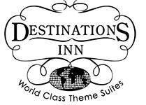 A black and white logo for destinations inn world class theme suites.