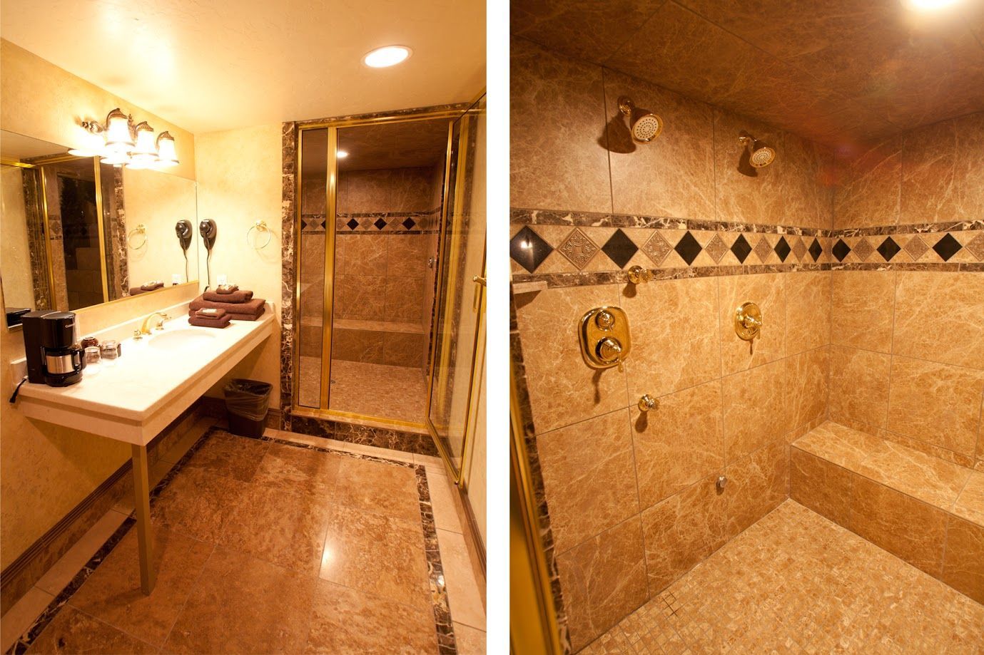 Two pictures of a bathroom with a sink and a shower