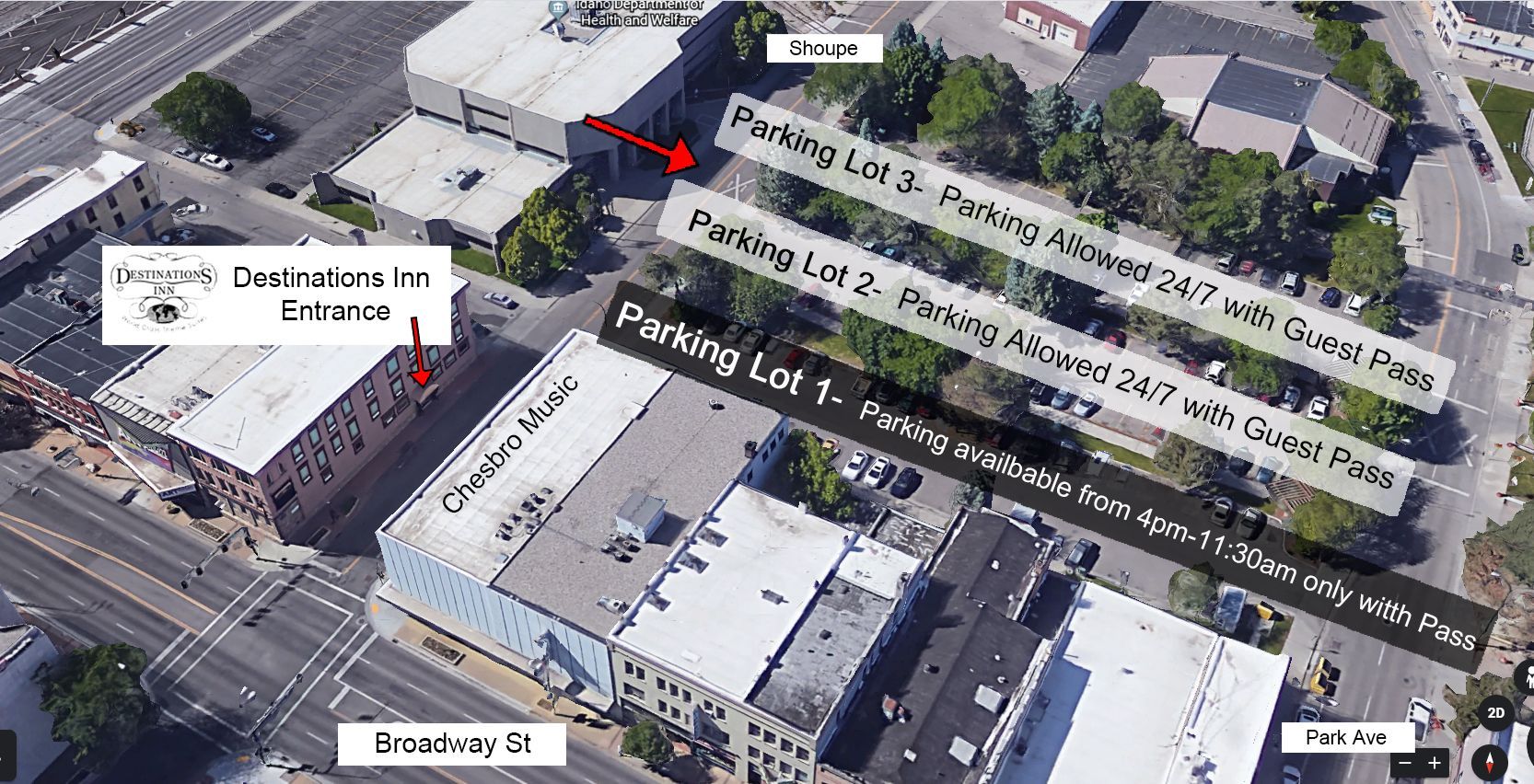 An aerial view of a parking lot in a city