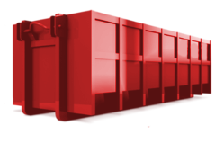 A red dumpster is sitting on a white surface.
