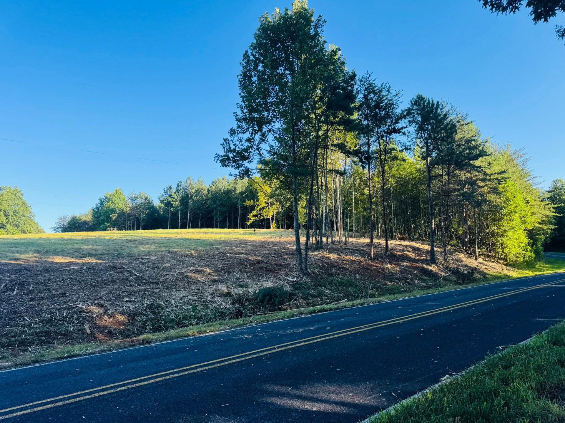 Rural roadside with a paved road, grassy hill, and trees under a clear blue sky