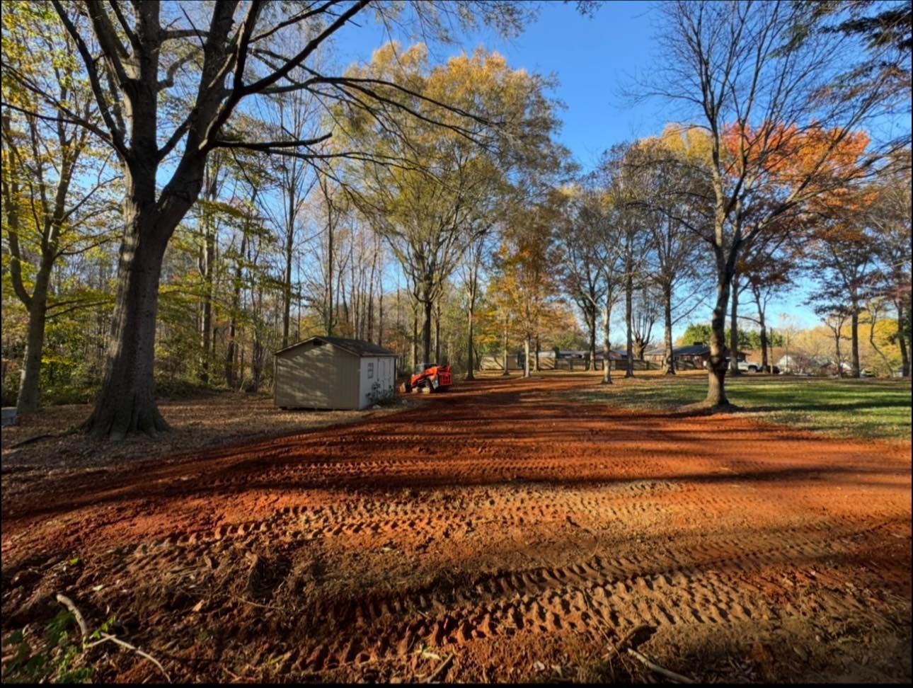 Dirt lot under trees with a small shed and red tractor in autumn sunlight