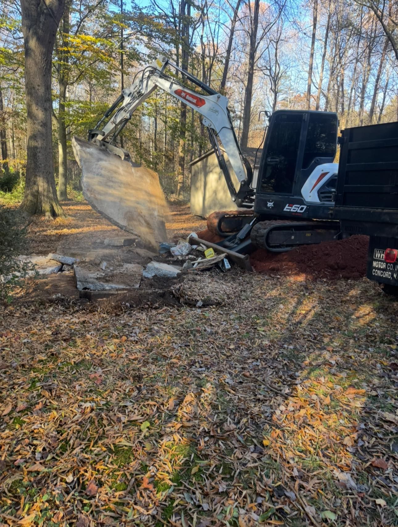 Excavator demolishing a structure in a wooded area, with debris and a dump truck nearby.