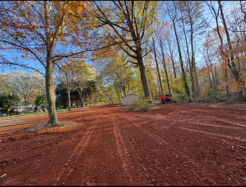 Red dirt clearing with leafless trees and a small red tractor in the distance under a blue sky.
