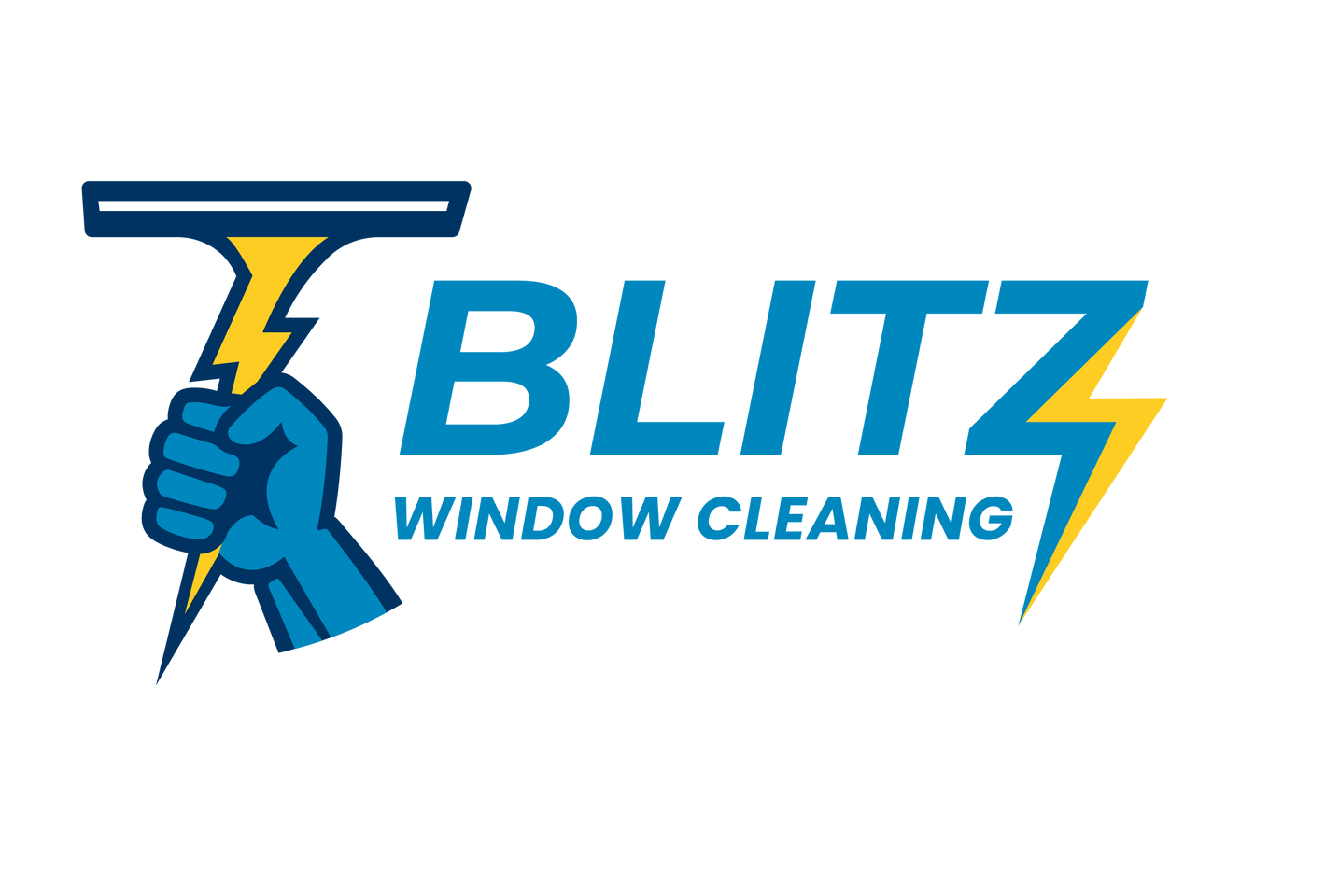 Logo for Blitz Window Cleaning: Blue hand holding yellow lightning bolt, and squeegee. Text: 
