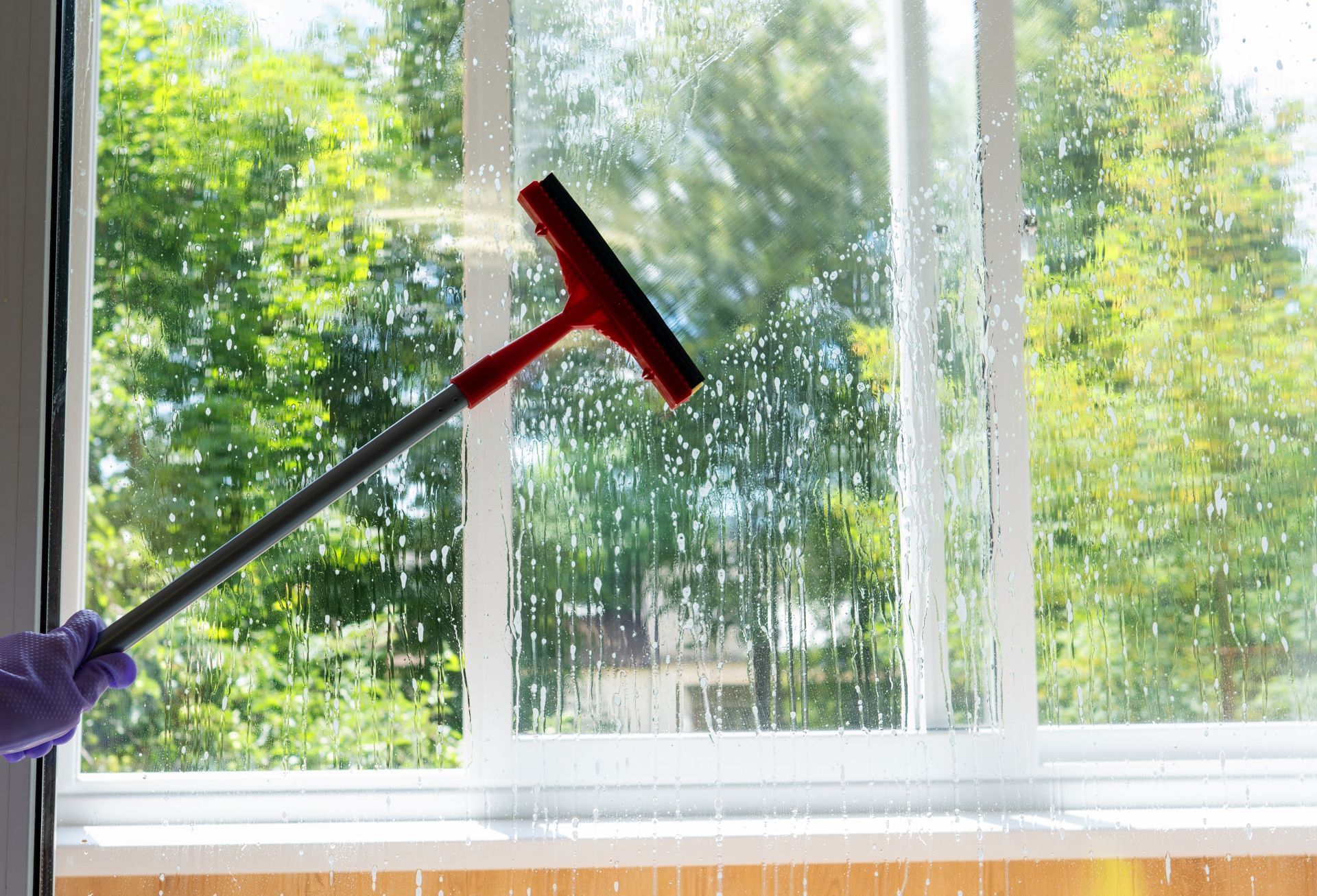 Window being cleaned with red squeegee; outdoors with green trees in background.