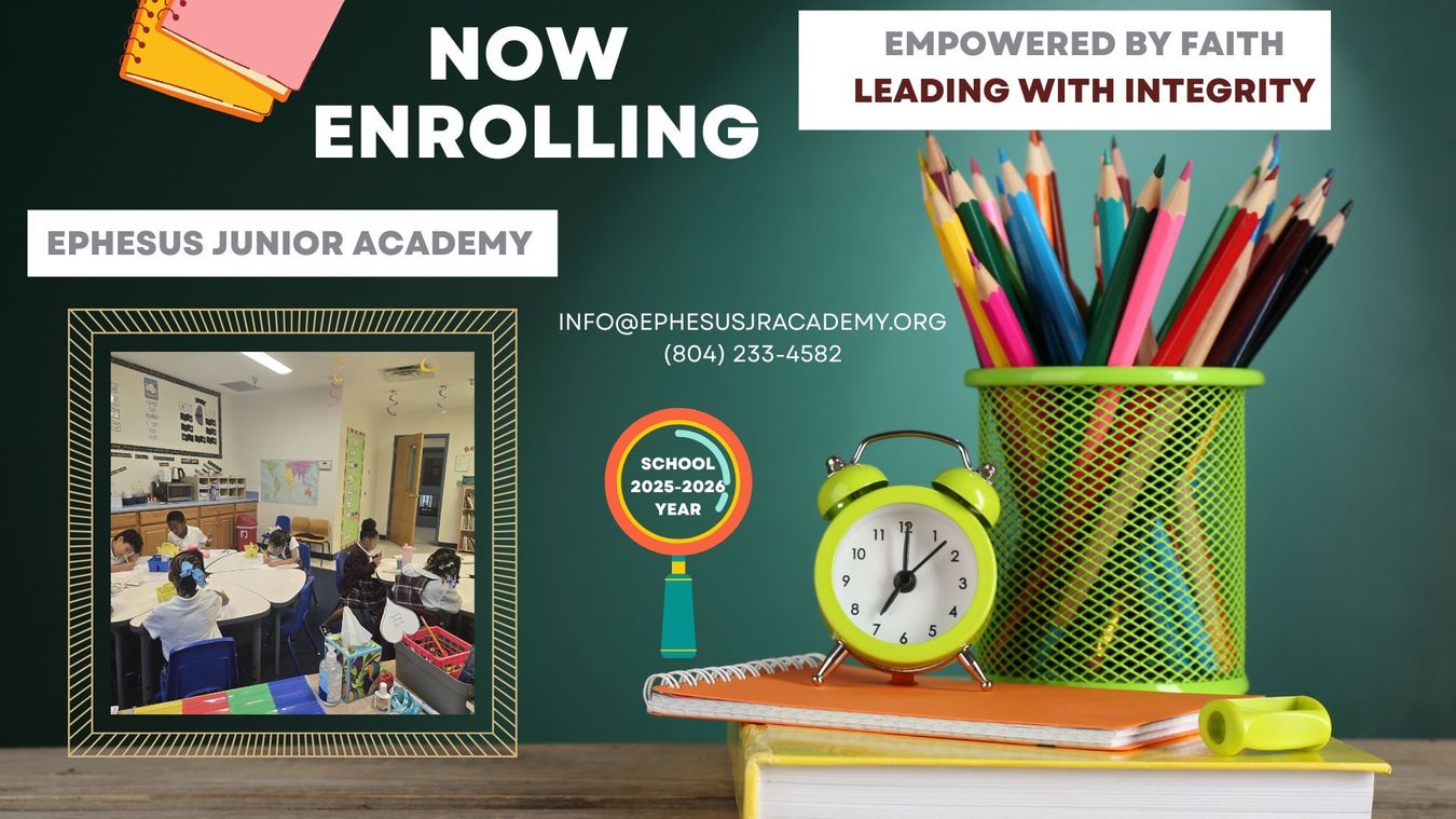 An advertisement for ephesus junior academy shows a classroom and an alarm clock