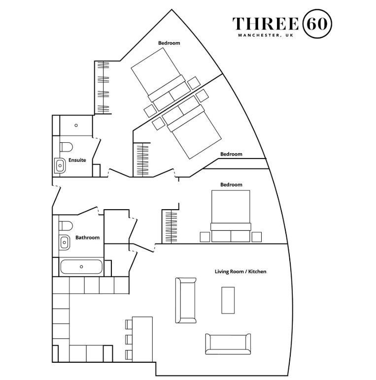 Floor plan of a 3-bedroom apartment. Includes bathrooms, a kitchen/living area, and three bedrooms.