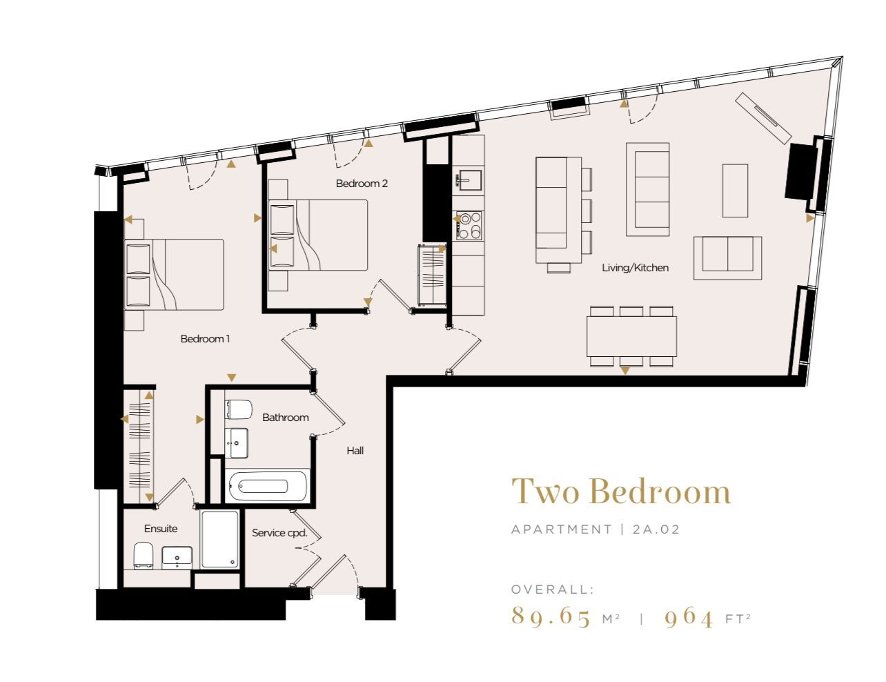 Floor plan of a two-bedroom apartment, with dimensions and room labels.