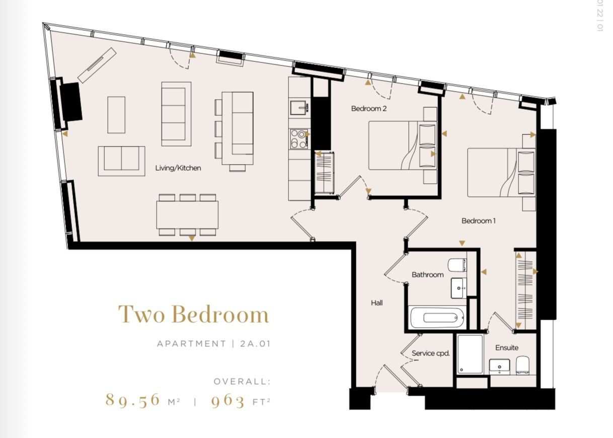 Floor plan of a two-bedroom apartment, with dimensions and room labels.