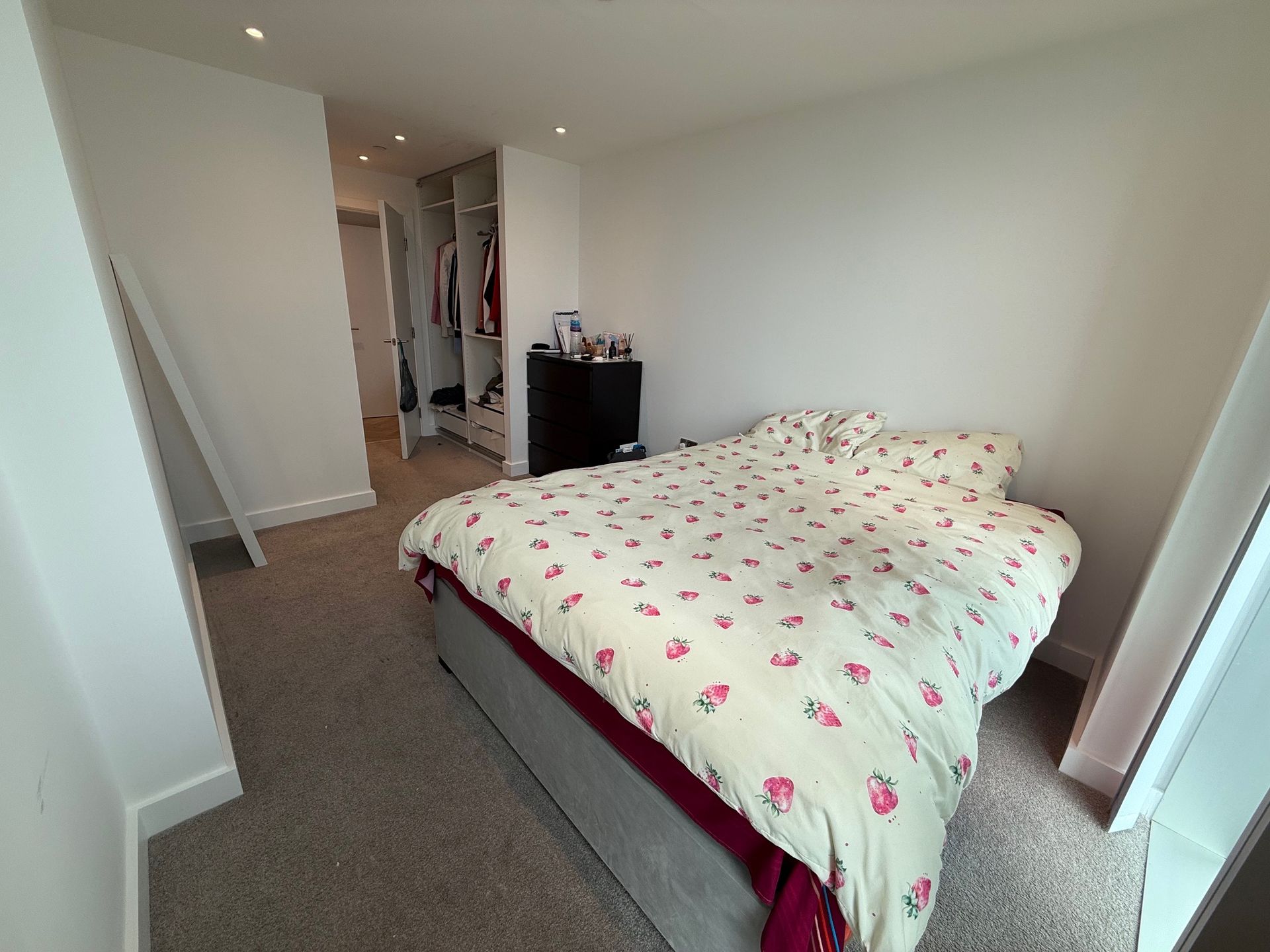 Bedroom with a bed, closet, and carpeted floor. Sunlight illuminates the room.
