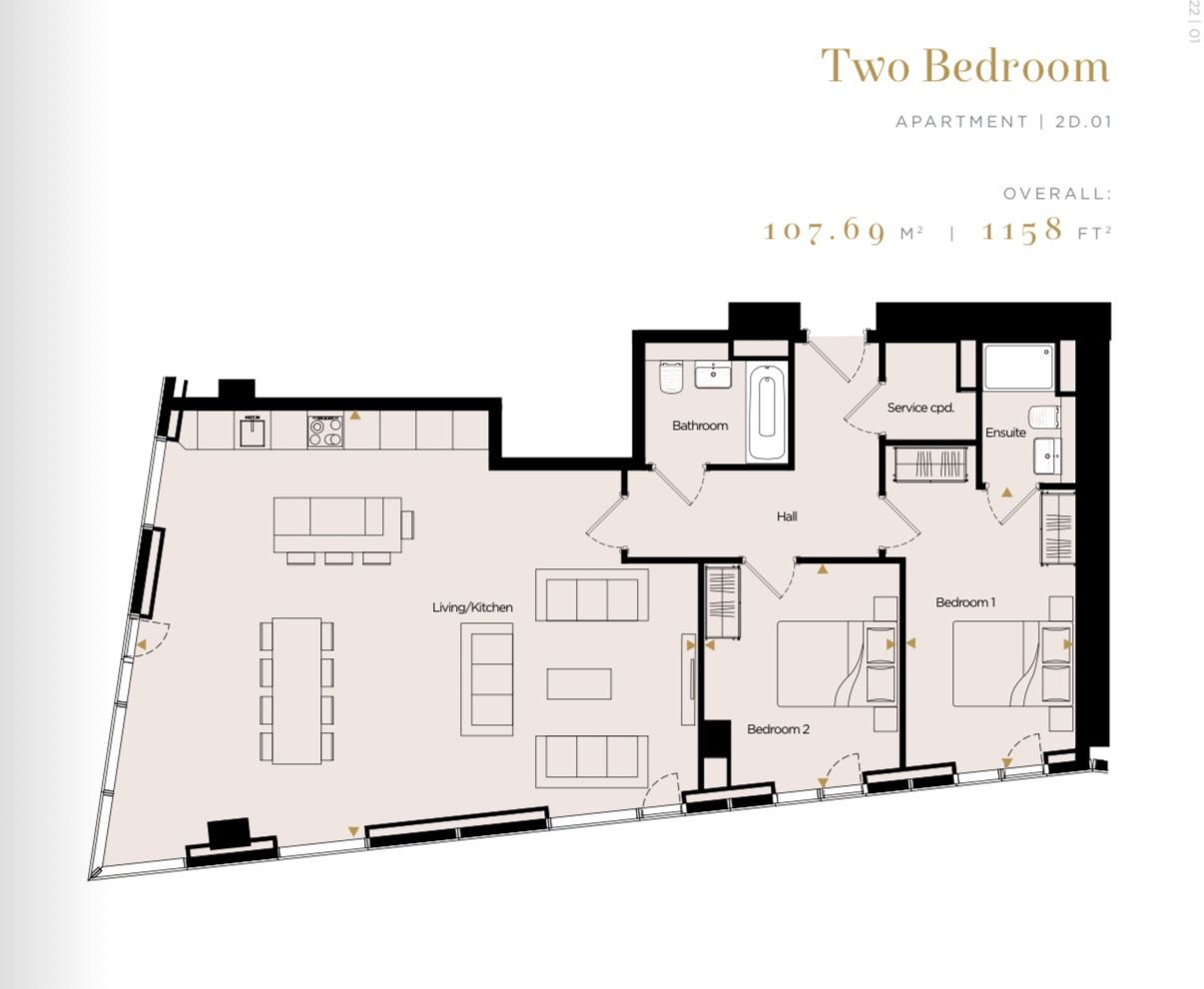 Floor plan of a two-bedroom apartment. Beige layout, black accents. Includes a living room, two bedrooms, bathrooms, and a kitchen.