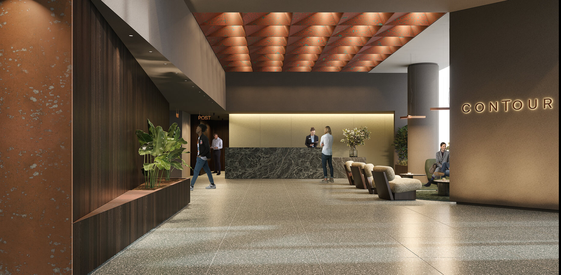 Hotel lobby with terrazzo floor, dark wood paneling, and a reception desk. Guests sit in armchairs.