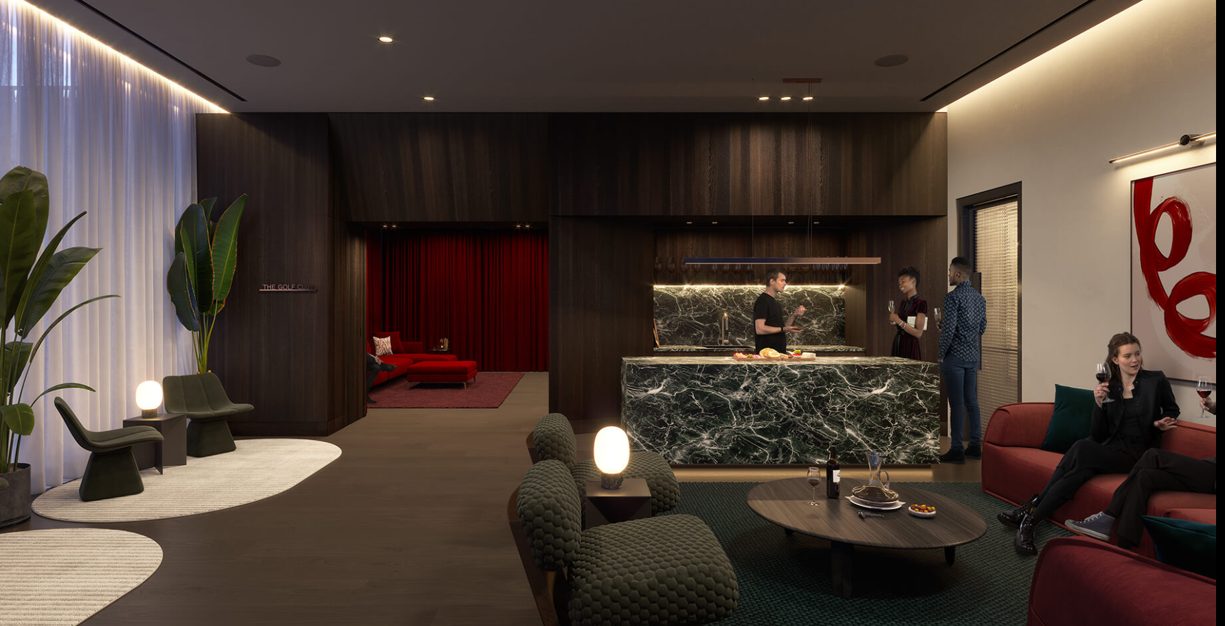 Lounge area with bar, guests, and a red-curtained room. Dark wood and green marble.