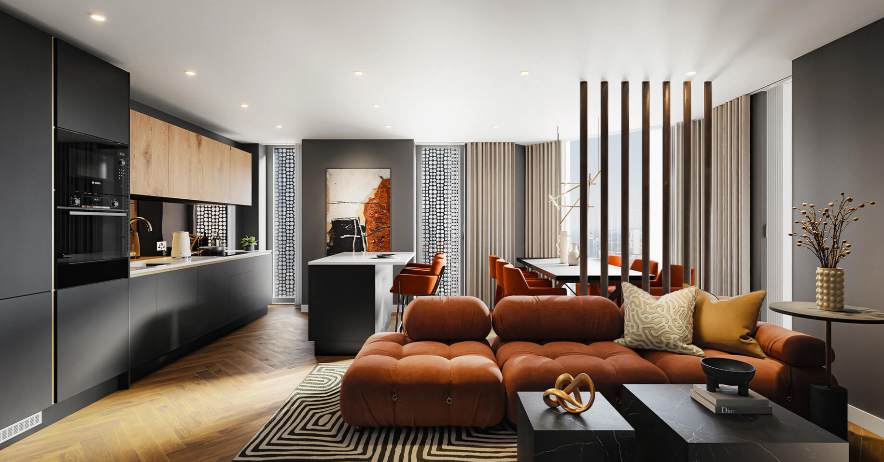 Modern open-plan living space with a rust-colored sectional, dining area, and black kitchen.