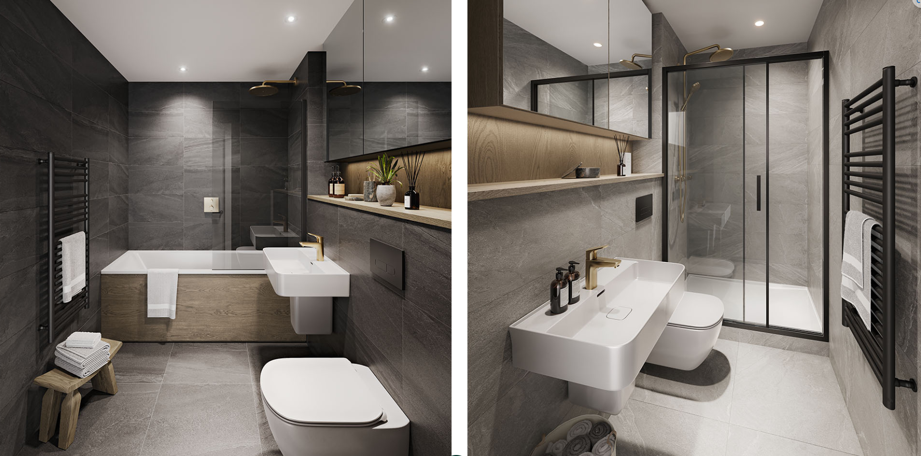 Two views of a modern bathroom with dark grey tile walls, shower, bathtub, and floating vanities.