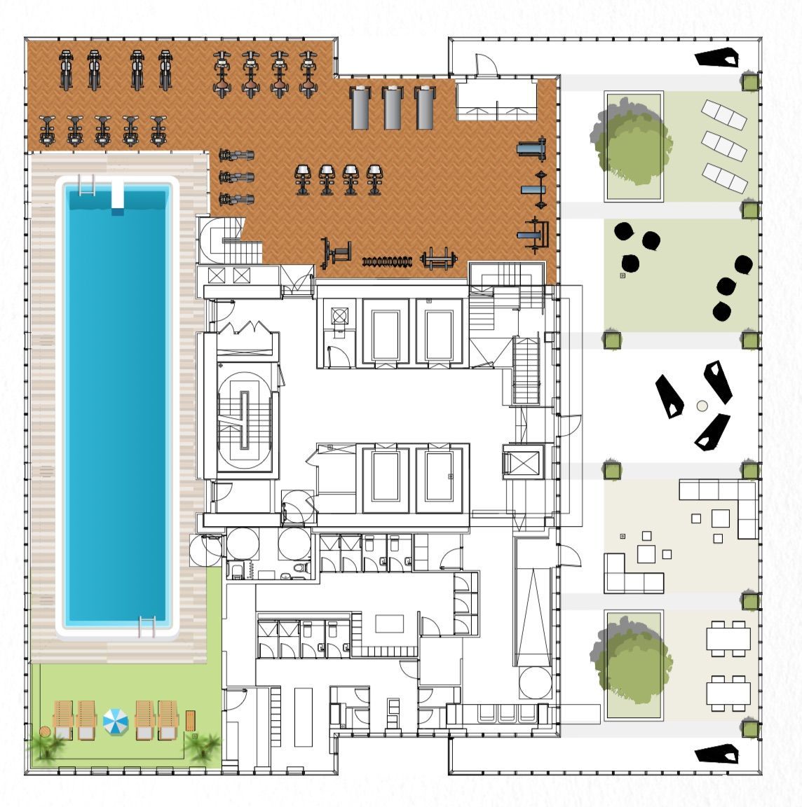 Floor plan of a building with a pool, gym, spa, and outdoor seating areas.