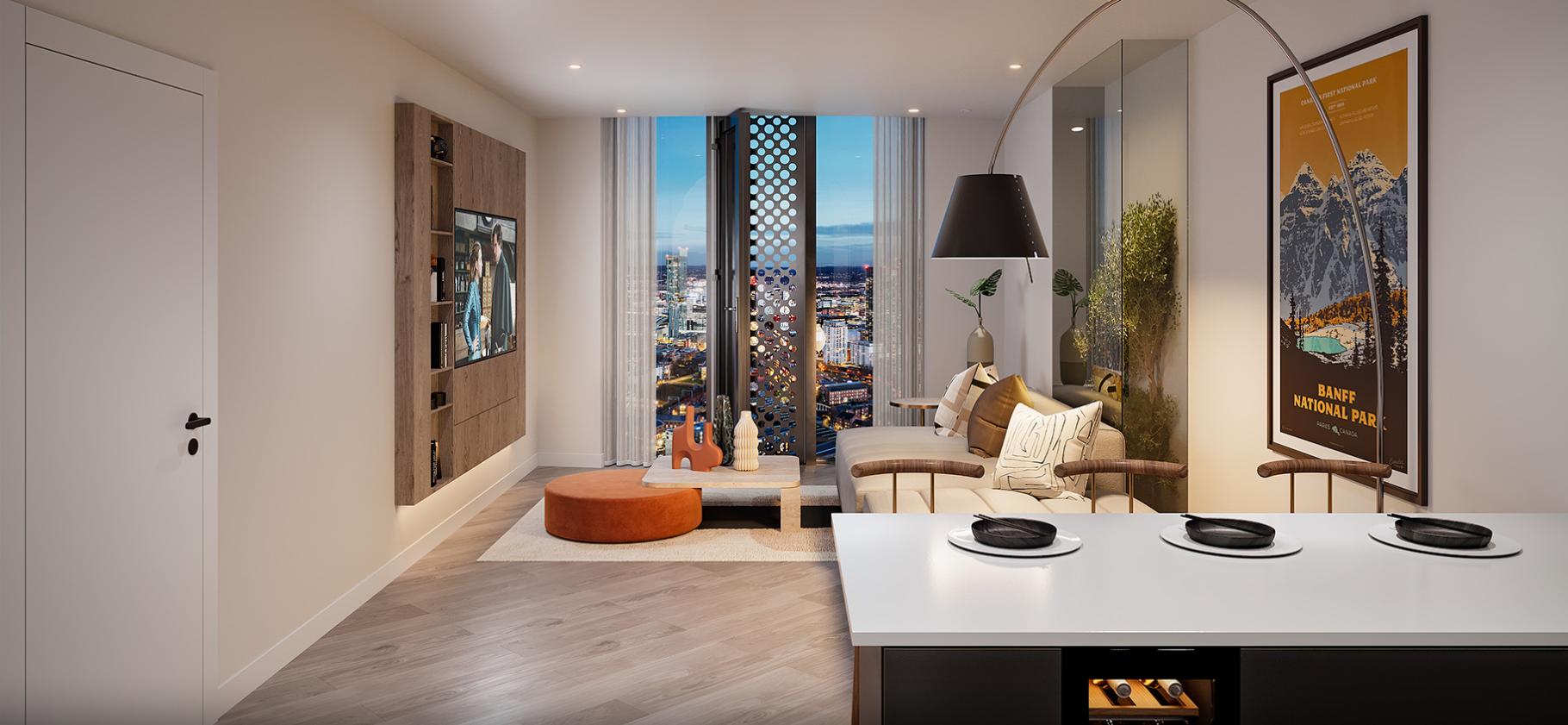Modern apartment interior, living room with furniture and cityscape view.