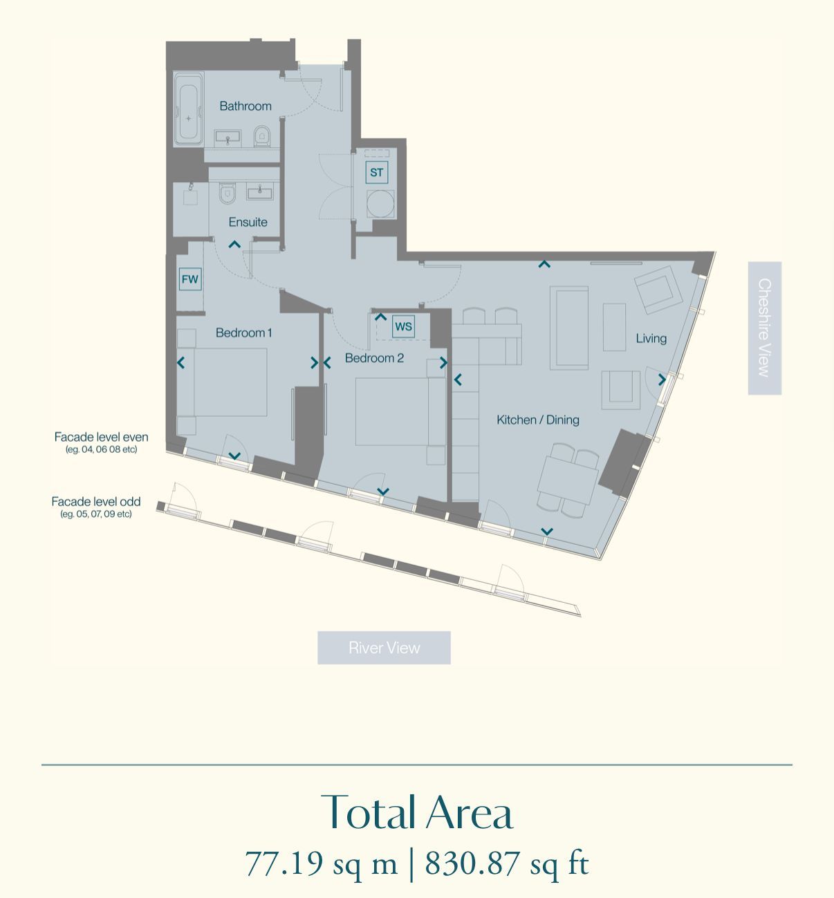 Floor plan of an apartment with two bedrooms, kitchen, and living area, with total area 77.19 sq m.