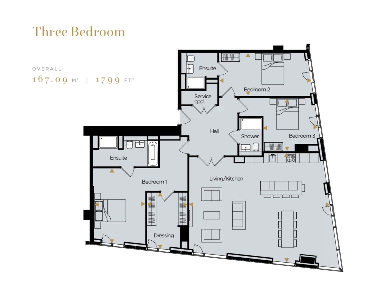 Floor plan of a three-bedroom apartment, with dimensions and room labels.