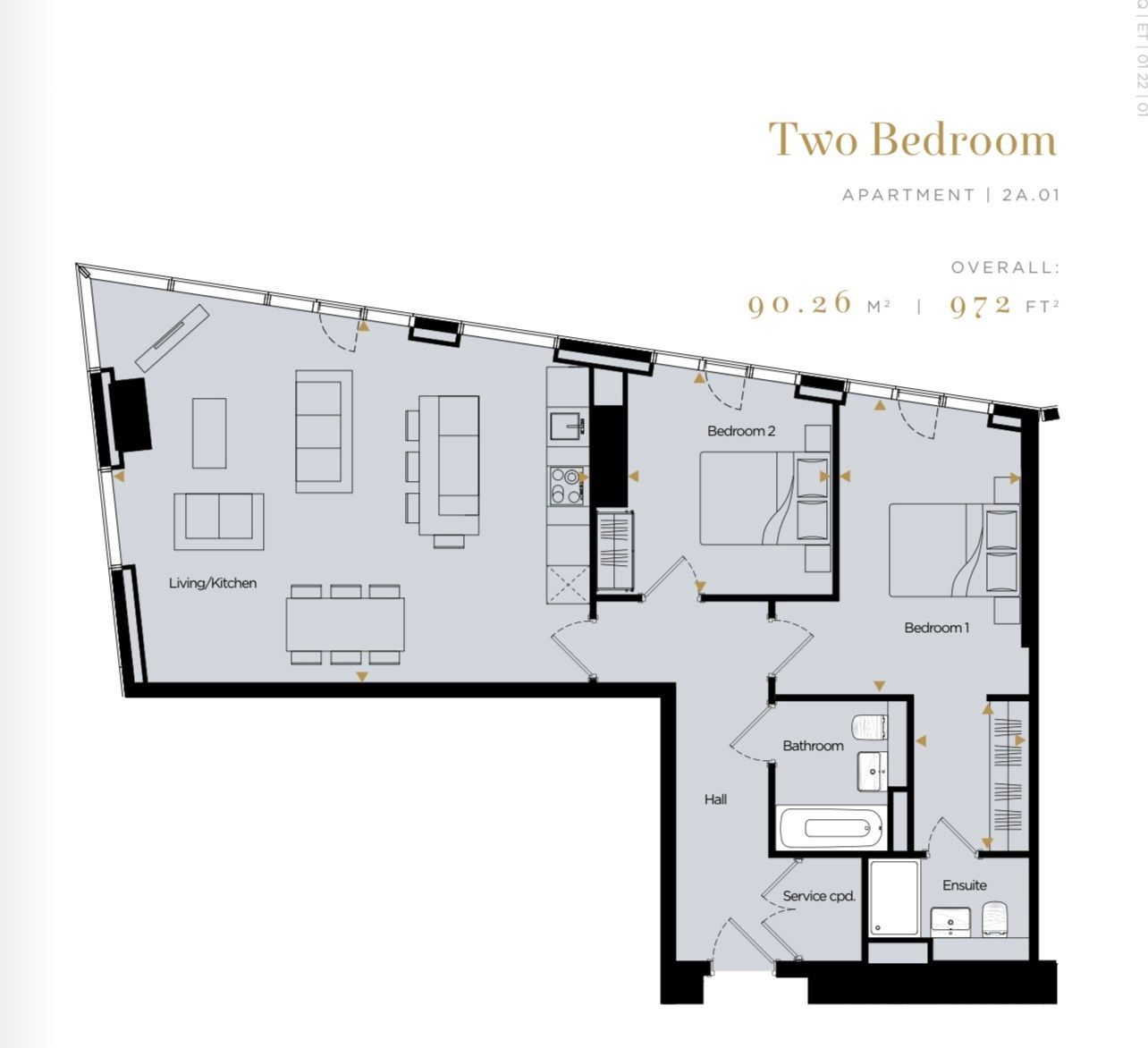 Floor plan of a two-bedroom apartment. Includes living area, kitchen, two bedrooms, bathroom, and a laundry room.