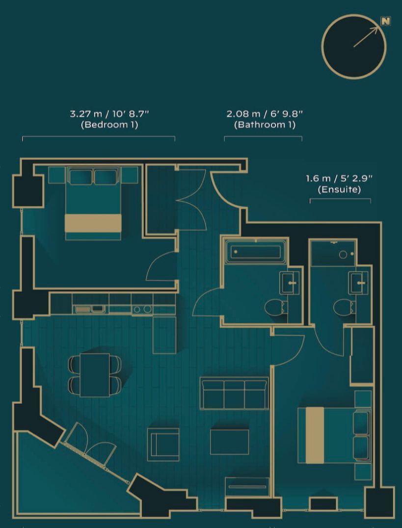 Floor plan of an apartment with two bedrooms, bathroom, kitchen, and living area in teal and gold.