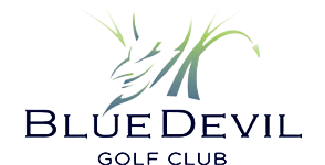 Blue Devil Golf Club logo: stylized blue devil head with green antlers above text "Blue Devil Golf Club".
