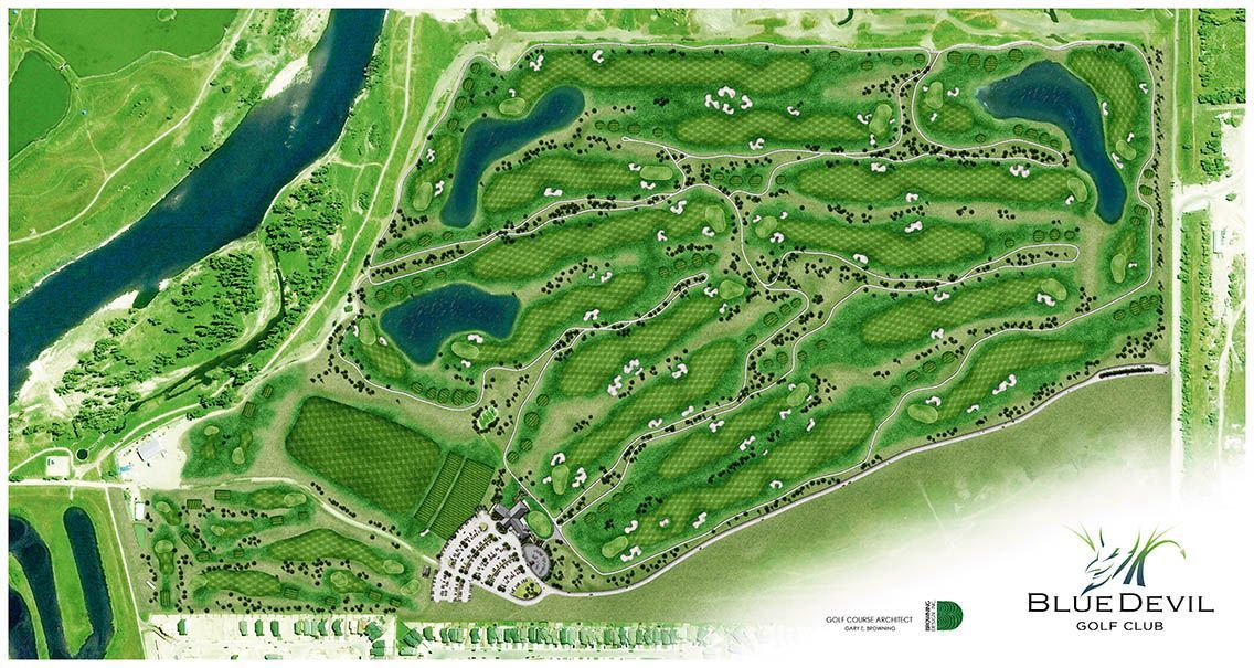 Aerial view of a golf course with green fairways, water hazards, and a clubhouse.