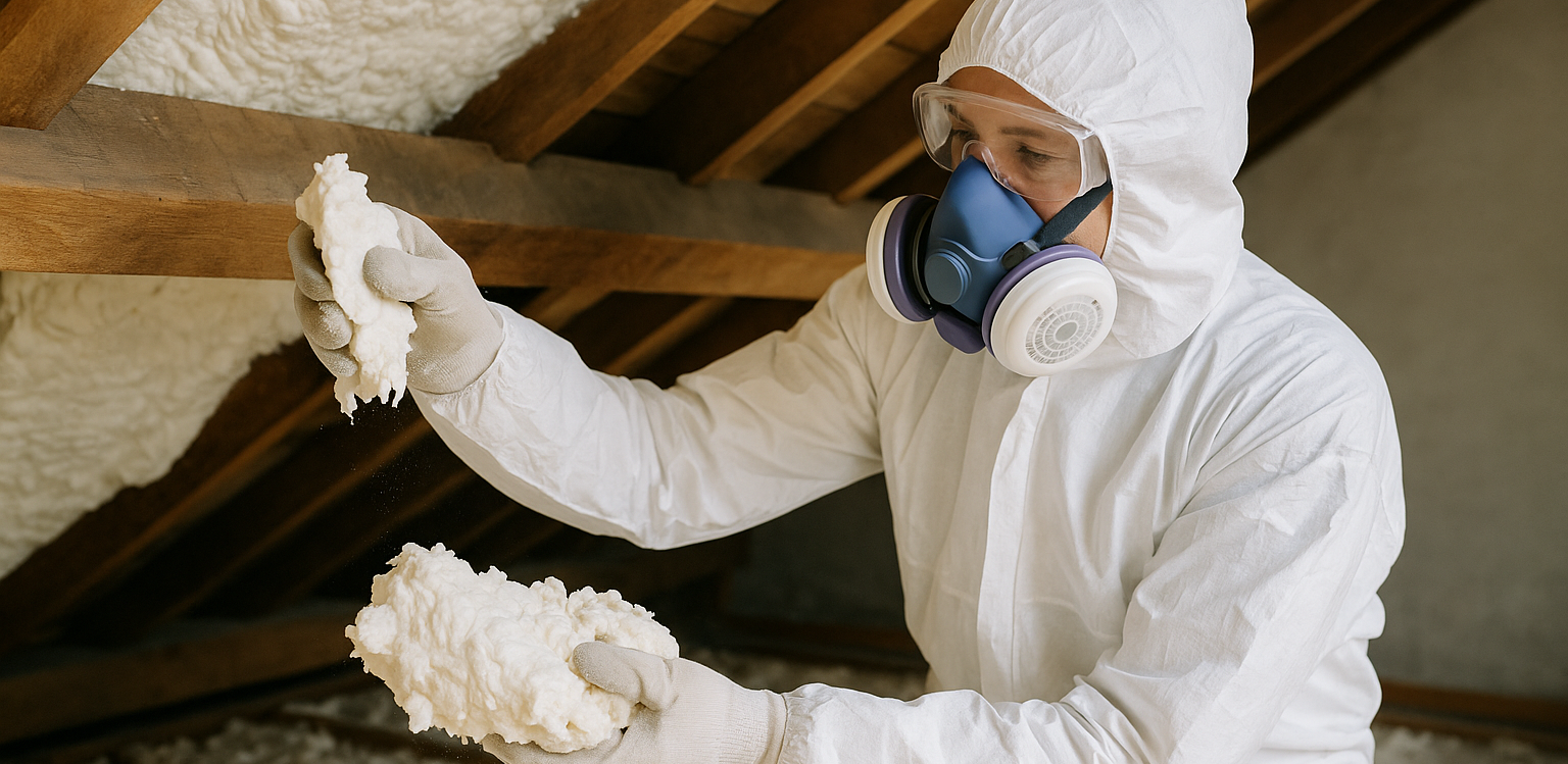 A man in a protective suit and mask is spraying insulation on the ceiling.