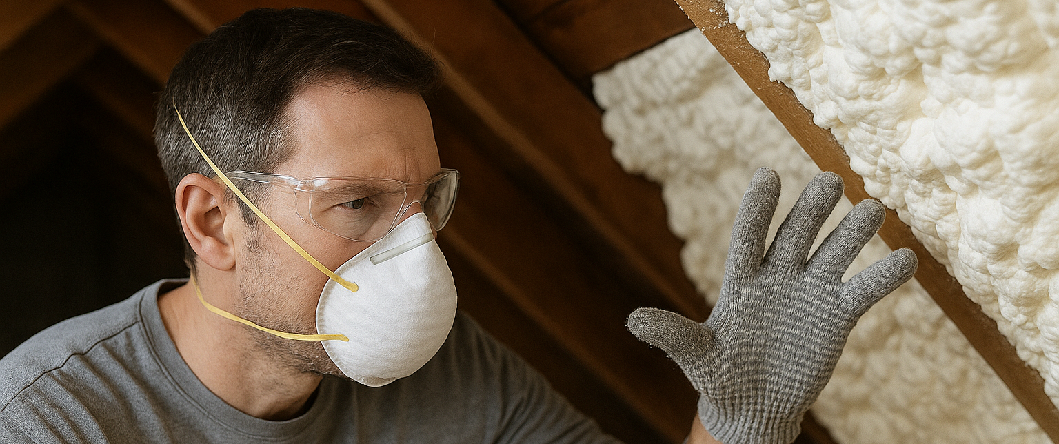A man wearing a mask and gloves is working in an attic.