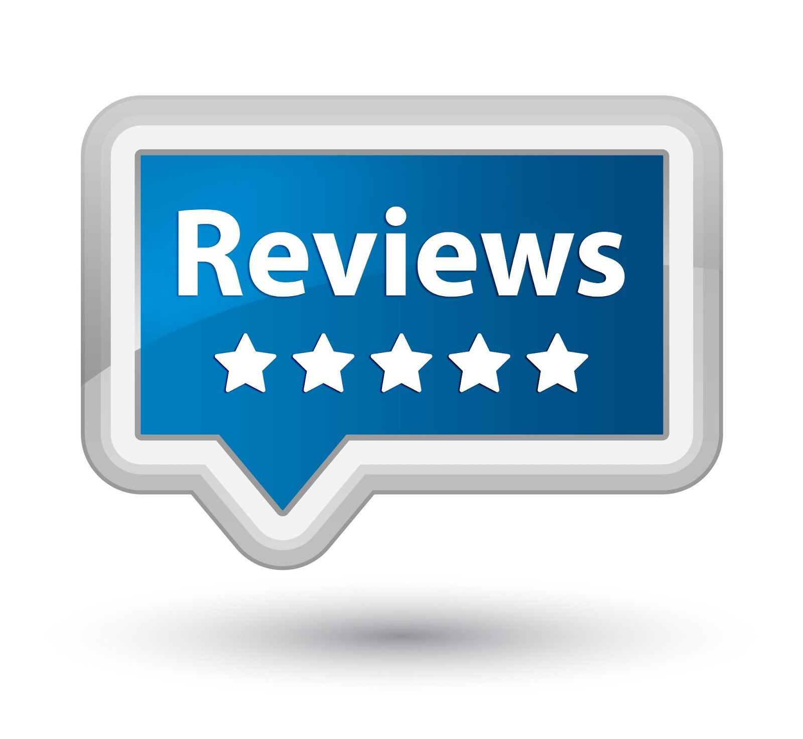 A blue speech bubble with the word reviews and four stars on it.