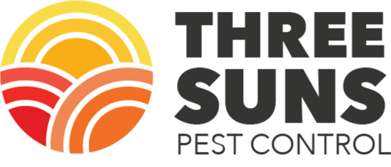 A logo for three suns pest control with a sun in the middle.