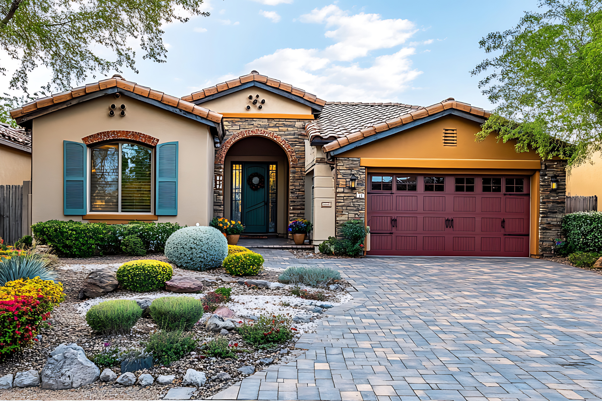 A house with a red garage door and a brick driveway