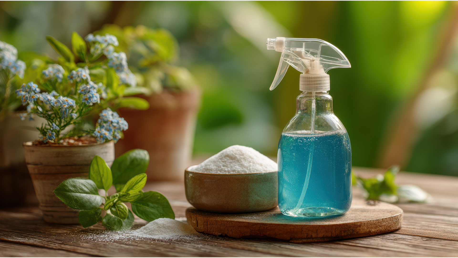 A spray bottle , bowl of salt and a spray bottle on a wooden table.