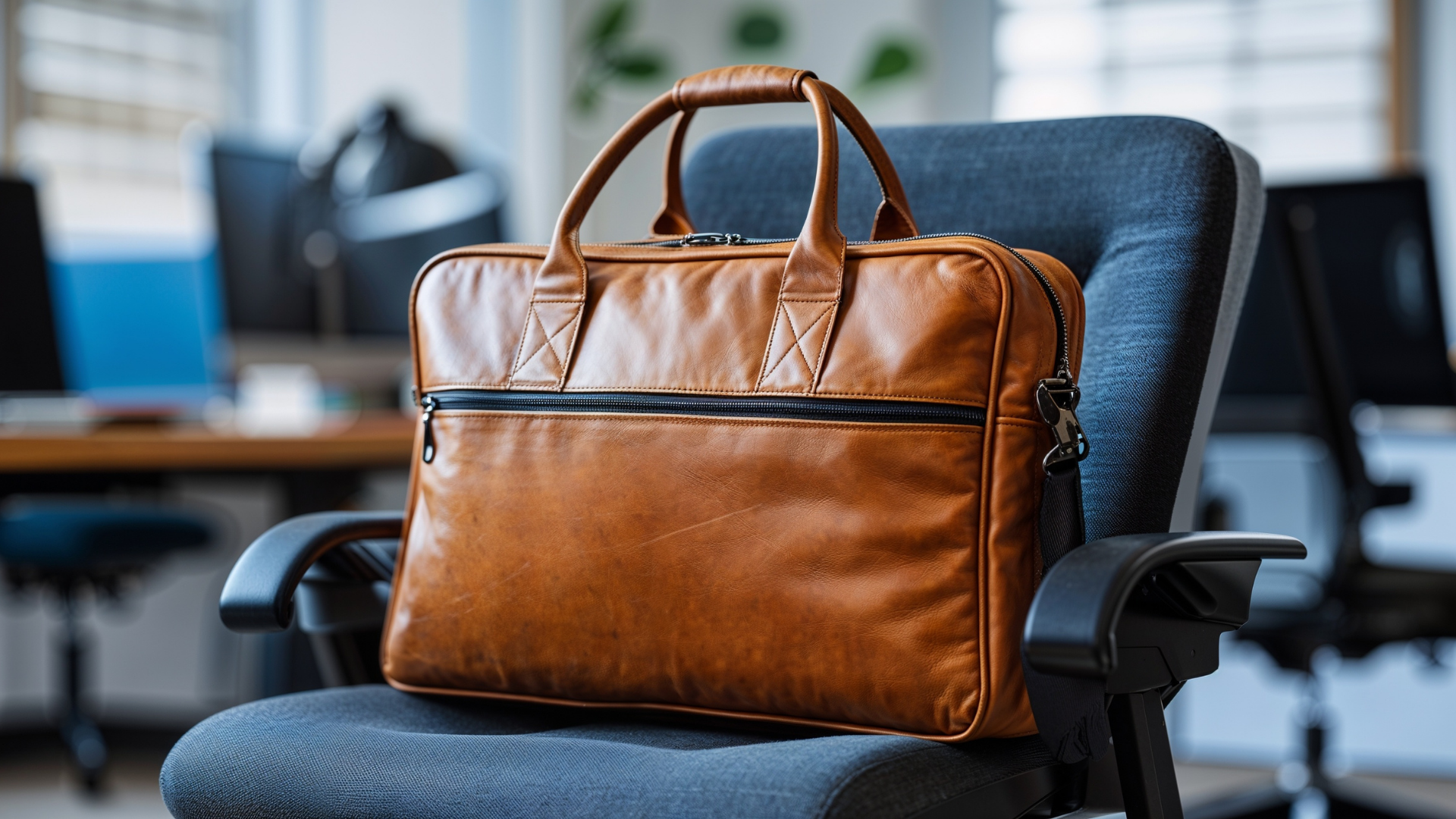Brown leather briefcase on a blue office chair in a blurred office setting.