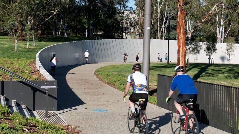 Two men are riding bicycles down a path in a park.