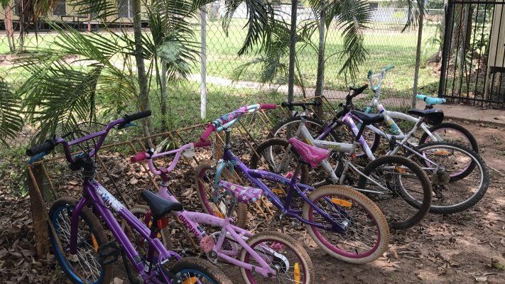 A row of bicycles are parked next to each other in a park.