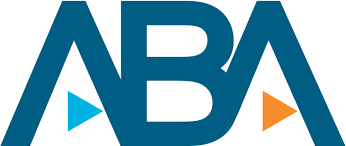 The aba logo is blue and orange with a triangle in the middle.