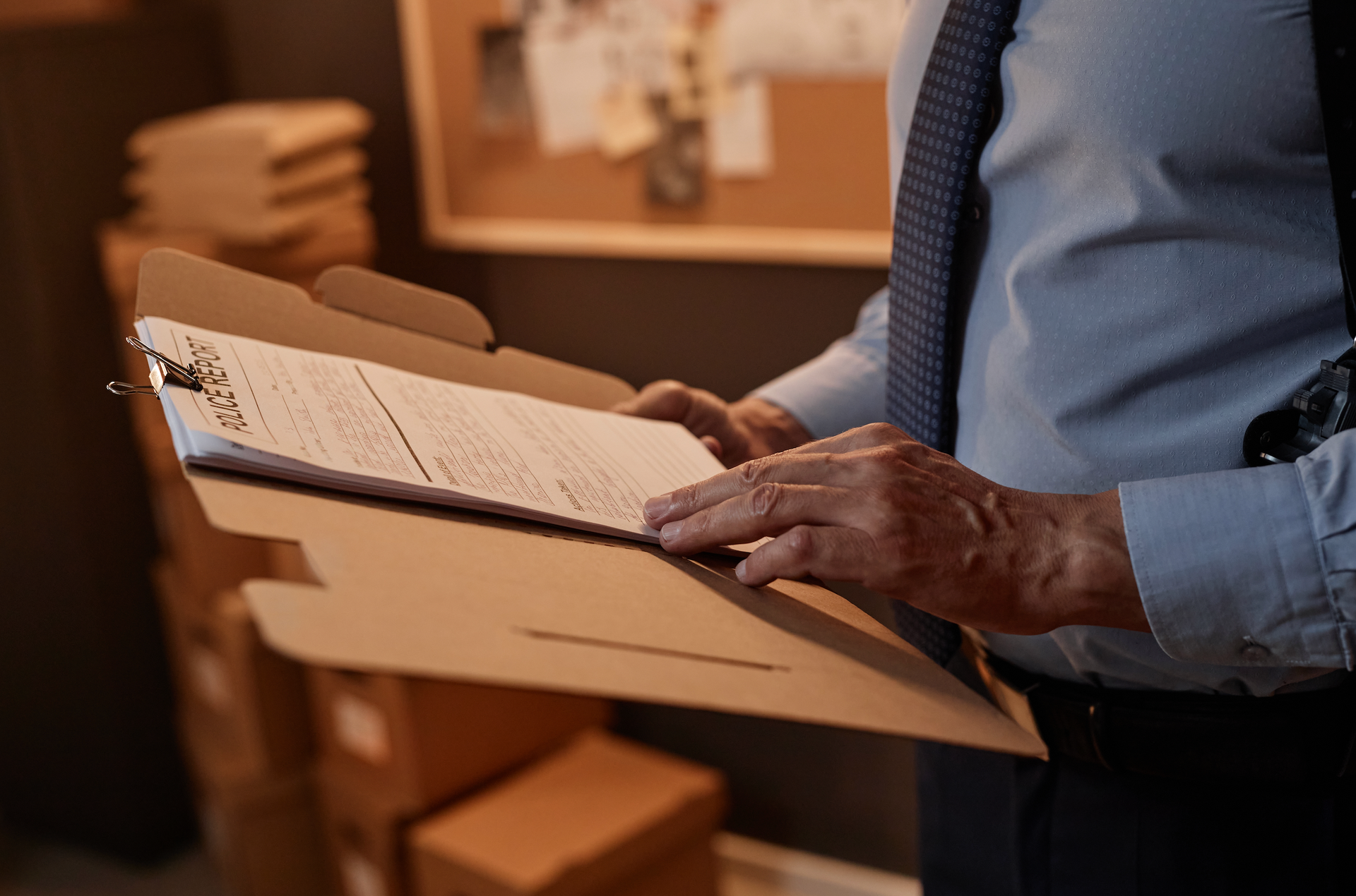 A man in a suit and tie is holding a clipboard with papers in it.