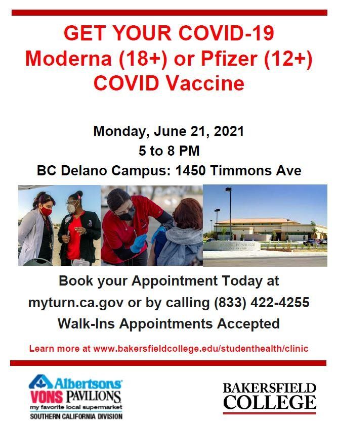 Bakersfield College to Host Vaccination Clinic at the Delano Campus on June 21st.