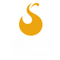 Hexagon logo with mountains, trees, and campfire in orange and blue. Company name is white.