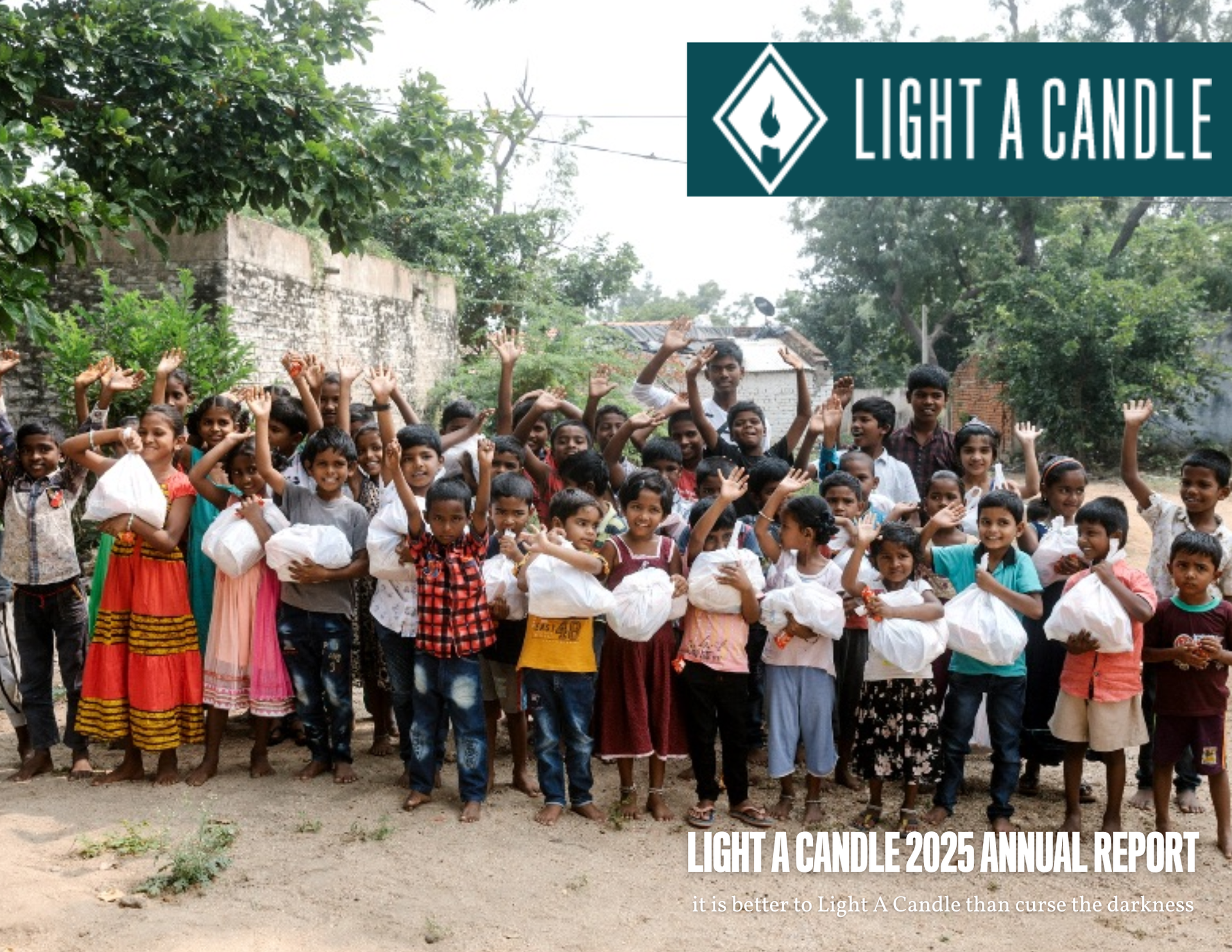 Children run happily in a park, smiling. Annual report cover.